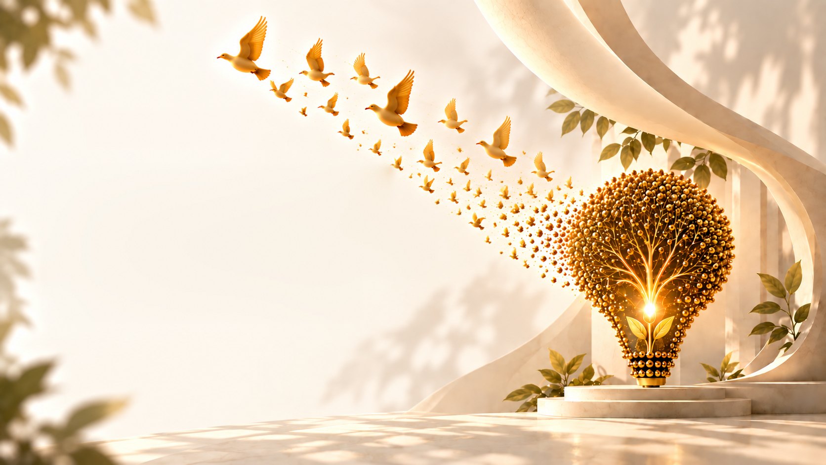 Golden doves rising from a glowing light bulb made of mustard seeds, with a sapling growing inside
